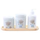 Kit higiene bebê 4 peças Príncipe ursinho - Bandeja, potes e porta álcool - Peças porcelana bandeja pinus Kit higiene bebê 4 peças Príncipe ursinho - Bandeja, potes e porta álcool - Peças porcelana bandeja pinus