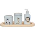 Kit higiene bebê 4 peças Safari - Bandeja, potes e porta álcool - Peças porcelana bandeja pinus
