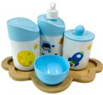 Kit Higiene Bebê Astronauta Menino com Bandeja Nuvem MDF