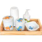 Kit higiene bebê Dinossauro 6 peças - Bandeja, potes, porta álcool e molhadeira - Peças Porcelana Bandeja Pinus