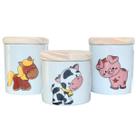 Kit higiene bebê Fazendinha 3 potes - Peças Porcelana Tampas Pinus