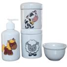 Kit higiene bebê Fazendinha 4 peças - potes, porta álcool e molhadeira - Peças Porcelana