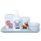 Kit higiene bebê Fazendinha 5 peças - Bandeja, potes, porta álcool e molhadeira -Tudo Porcelana