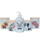 Kit Higiene Bebê Fazendinha 5 Peças - Potes e Porta Álcool em Porcelana com Tampas de Pinus