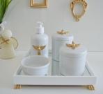 Kit Higiene Bebê K014 Moderno Dourado Gel Potes Algodão Temas Coroa Cavalo Urso Porcelana Bandeja