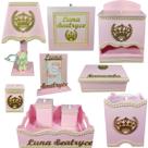 Kit Higiene bebê Mdf 10 peças - ROSA COM PEROLAS DE COROA