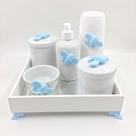 Kit Higiene Bebê Porcelana Avião Azul Bandeja Mdf Garrafa 6pçs