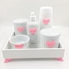 Kit Higiene Bebê Porcelana Lacinho Rosa Bandeja Mdf Garrafa 6pçs