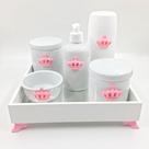 Kit Higiene Bebê Porcelana Princesa Coroa Rosa Bandeja Mdf Garrafa 6pçs