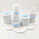 Kit Higiene Bebê Porcelana Tema Nuvem Azul Bandeja Mdf Garrafa 6pçs