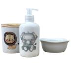 Kit higiene bebê Safari 3 peças - pote, porta álcool e molhadeira - Peças Porcelana Tampa Pinus