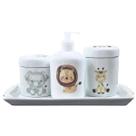 Kit higiene bebê Safari 4 peças - Bandeja, potes, porta álcool e molhadeira - Tudo Porcelana