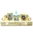 Kit higiene bebê Safari 4 peças - Bandeja, potes, porta álcool - Peças Porcelana Bandeja Coração
