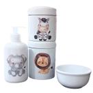 Kit higiene bebê Safari 4 peças - potes, porta álcool e molhadeira - Peças Porcelana