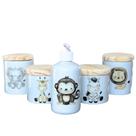 Kit Higiene Bebê Safari 5 Peças - Potes e Porta Álcool em Porcelana com Tampas de Pinus