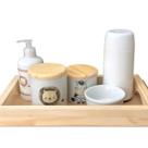 Kit higiene bebê Safari 6 peças - potes e porta álcool - Peças Porcelana Tampa e bandeja Pinus