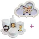 Kit Higiene Bebê Safari Leão, macaco e girafa + Cabideiro Infantil Nuvem