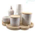 Kit higiene completo em porcelana branco poa rosa com bandeja nuvem e garrafa termica