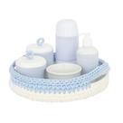 Kit Higiene Crochê Com 6 Peças e Garrafa Pequena Azul Quarto Bebê Infantil