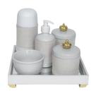 Kit Higiene Espelho Completo Porcelanas, Garrafa Pequena e Capa Coroa Dourado Quarto Bebê Unissex