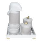 Kit Higiene Espelho Potes, Garrafa, Molhadeira e Capa Passarinho Dourado Quarto Bebê Unissex