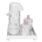 Kit Higiene Espelho Potes, Garrafa, Molhadeira e Capa Ursinho Rosa Quarto Bebê Menina