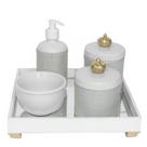 Kit Higiene Espelho Potes, Molhadeira, Porta Álcool-Gel e Capa Coroa Dourado Quarto Bebê Unissex Kit Higiene Espelho Potes, Molhadeira, Porta Álcool-Gel e Capa Coroa Dourado Quarto Bebê Unissex