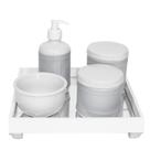 Kit Higiene Espelho Potes, Molhadeira, Porta Álcool-Gel e Capa Prata Quarto Bebê Unissex
