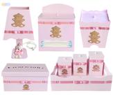 Kit Higiene Menina Rosa Tema Ursa Princesa com 8 peças Madeira