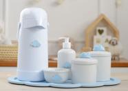 Kit Higiene Porcelana Bebê K044 Bandeja Nuvem Moderno Sabonete Térmica 500ml Cotonete Algodão