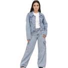 kit ideal para o inverno calça cargo jeans marmorizada e jaqueta jeans marmorizada juvenil feminino tendencia do 10 ao 16