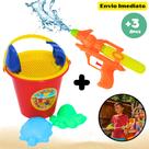Kit Infantil Baldinho de Praia Com Assessórios + Arminha Pistol Lança Água Diversão Água e Areia