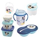 Kit infantil caneca com bico, pote para papinha, porta leite em pó, conjunto 3 potes e porta chupetas Mickey Plasutil