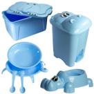 Kit Infantil Comedouro Tartaruga + Troninho Hipopotomo + Lixeira Hipopotomo 14L + Organizadora Elefante 34L Azul