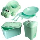 Kit Infantil Comedouro Tartaruga + Troninho Hipopotomo + Lixeira Hipopotomo 14L + Organizadora Elefante 34L Verde