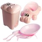 Kit Infantil Comedouro Tartaruga + Troninho Hipopotomo + Lixeira Hipopotomo 7L Rosa