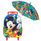 Kit Infantil Mickey Mochila de Rodinhas 422717 cm em Poliéster e PVC 3D GuardaChuva Automático Praticidade e Cor