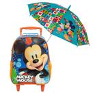 Kit Infantil Mickey Mochila Rodinhas 413114 cm Resistente com Estampa 3D e 4 Bolsos GuardaChuva Automático 8 Varetas 68 cm Praticidade Diária