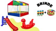 KIT Infantil Piscina 1x1 Completa 300 Bolinhas+Escorregador Médio Vermelho c/ Azul + Gangorra Nhoca Vermelho - CORTESIA Bolas e UNO 114 CARTAS