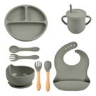 Kit Introdução Alimentar Bebê 8 Peças Silicone com Ventosa Pratinho, Talheres, Copo e Babador, Antiderrapante e Seguro