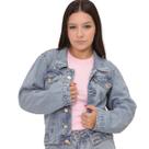 kit jaqueta jeans marmorizada feminina e blusinha básica rosa juvenil modinha do 10 ao 16