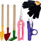 Kit Jardinagem Jardim Tesouras Poda Ancinho Pazinhas Luva.