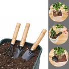 Kit Jardinagem Profissional 3 Peças Mini Pá Ancinho E Transplantador Cabo De Madeira Conjunto De Ferramentas Para Jardim e Horta flores Verduras