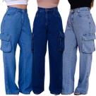 Kit Jeans de 3 Calças Wide Leg Feminina Premium de Bolso Mochila New