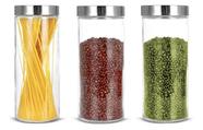 Kit Jogo 3 pote de vidro liso 27cm tampa em aço inox redondo p mantimento
