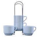 Kit Jogo 4 Xícaras de Café/Chá Empilháveis com Suporte - Porcelana Branca - 200ml