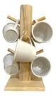 Kit Jogo 6 Xícara Café Suporte Madeira Mesa Cozinha Balcão - Brancas - eireli