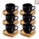 Kit Jogo 6 Xícaras de Café Em Porcelana Com Pires Coração Em Madeira Pinus