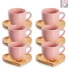 Kit Jogo 6 Xícaras de Café Em Porcelana Com Pires Coração Em Madeira Pinus