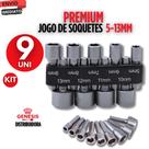 Kit Jogo 9 peças de Bits Soquete chave Canhão PITO SEXTAVADO Parafusadeira 5/6/7/8/9/10/11/12/13mm